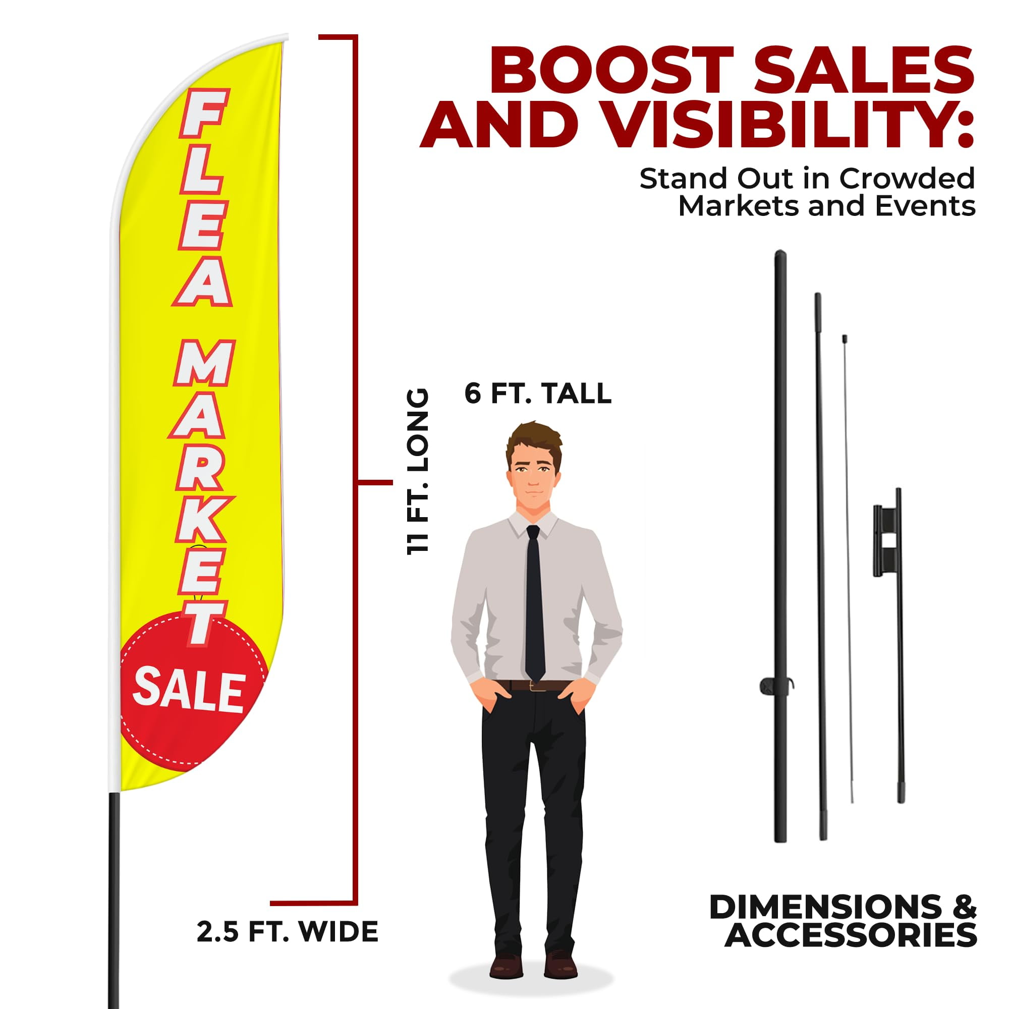 Flea Market Sign feather flag Pole Mount Outdoor by Mavis Printing-15 FEET Long Polyester Outdoor Banner Flag Easy Hang | HD Print Swooper Flag Pole Kit to Advertise Flea Market Business