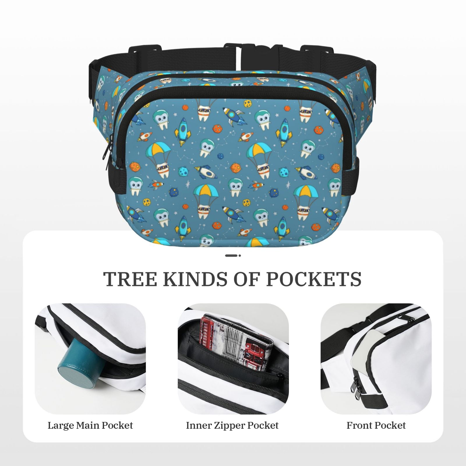 Picia Teeth Cosmonaut Print Square Double-Layer Waist Bag Mini Adjustable Waist Belt Bag Exercise Running Travel Hiking