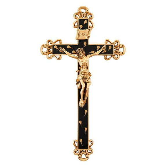 Golden Brown Epoxy Wall Cross Crucifix with Gold Toned Floral Details, Religious Home Decor, 10 Inch