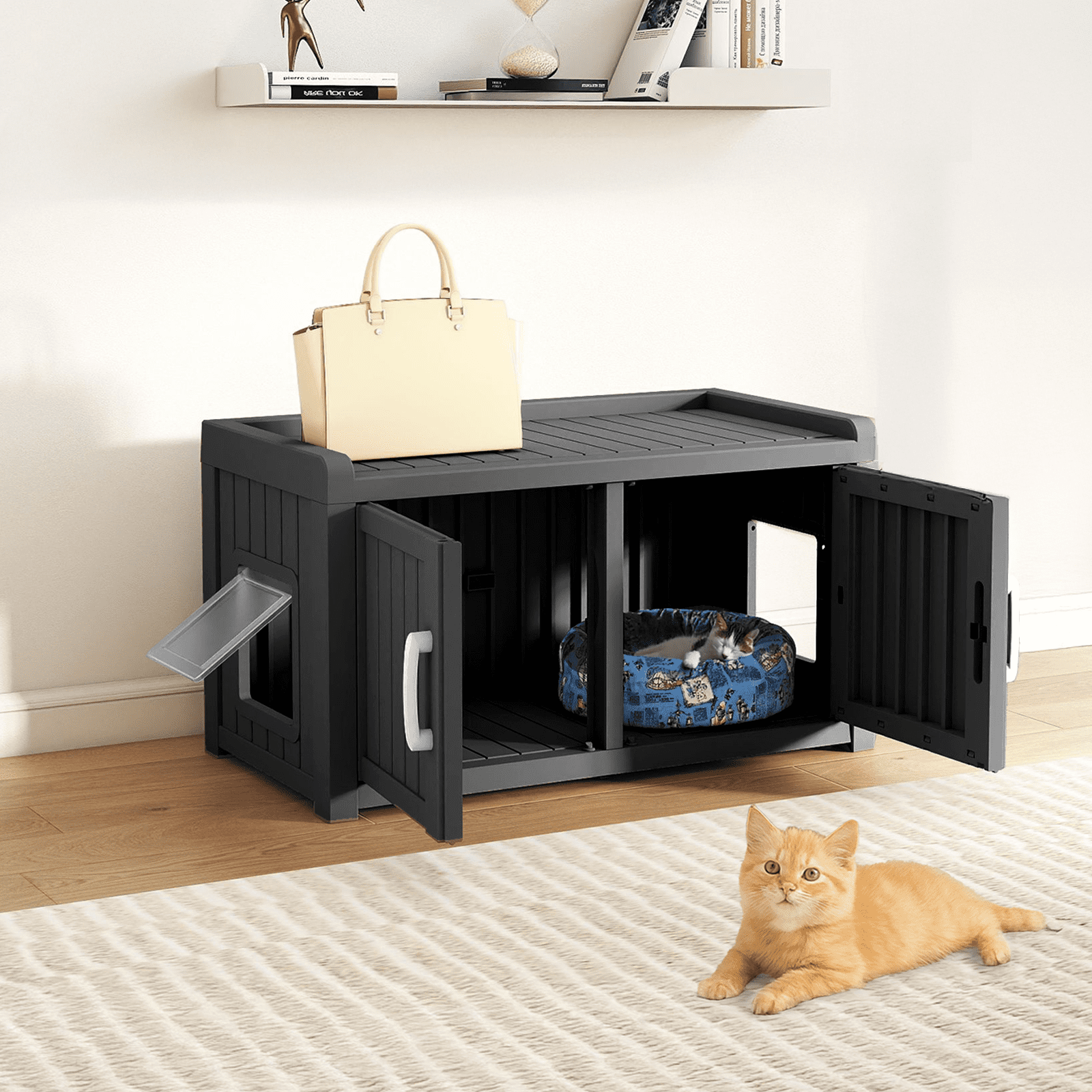 Resin Cat Litter Box Enclosure - Hidden Multi-Functional Furniture with Double Doors, Waterproof UV-Resistant, Spacious Odorless Design for Indoor Outdoor Use