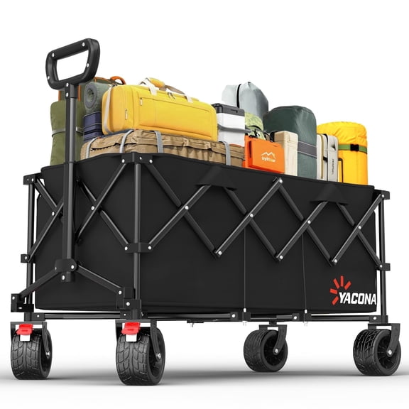 Yacona Wagons Carts Foldable, 52" Extra Large Beach Wagon, Collapsible Rolling Cart with Big Wheels for Camping, Shopping, Picnic, Black