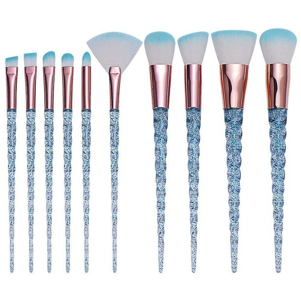 Juego de 10 brochas de maquillaje para niñas con purpurina de cristal, mango transparente, brocha para base en polvo, corrector, sombra de ojos, delineador de ojos, brocha para cej