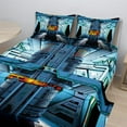 thumbnail image 2 of Ambesonne Outer Space Fitted & Top Sheet Set with Shams, Ship Station Base, Blue Black Orange, 2 of 8