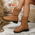thumbnail image 3 of Rokment Vintage Buckles Mid Calf Combat Boots for Women 2025 Fall Winter Suede Leather Patchwork Low Heel Riding Short Booties Yellow Size 8, 3 of 8