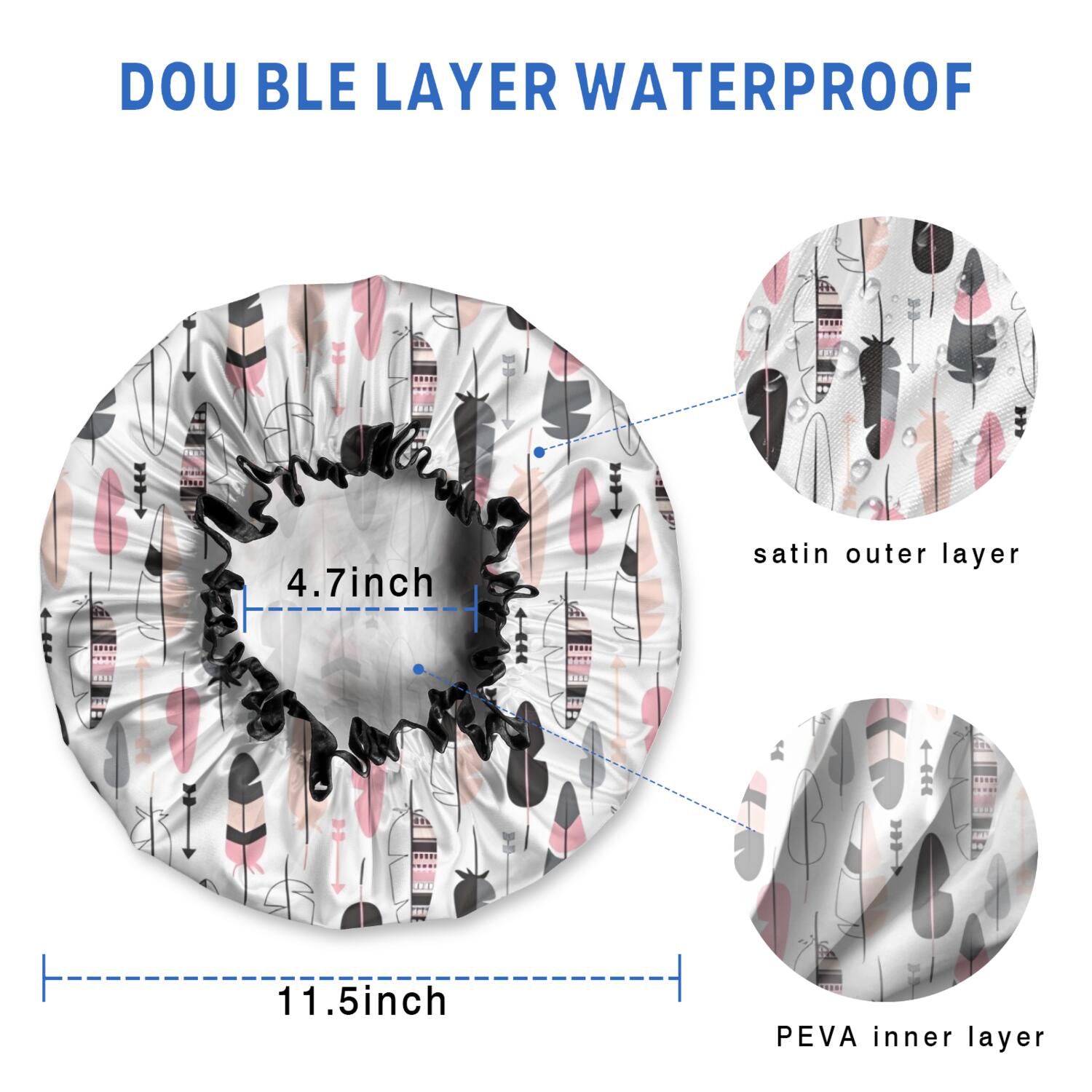 Shower Caps,Pink Black Geometric Feather and Arrow Pattern Waterproof Shower Cap for Women 4 Pieces,Double Reusable Hair Cover for Shower PEVA Elastic Stretch Hem