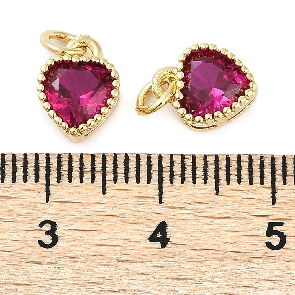 Real 18K Gold Plated Brass Inlaid Cubic Zirconia Charms with Jump Ring Long-Lasting Plated Heart Deep Pink 9.5x7x4mm Jump Ring: 4x0.5mm