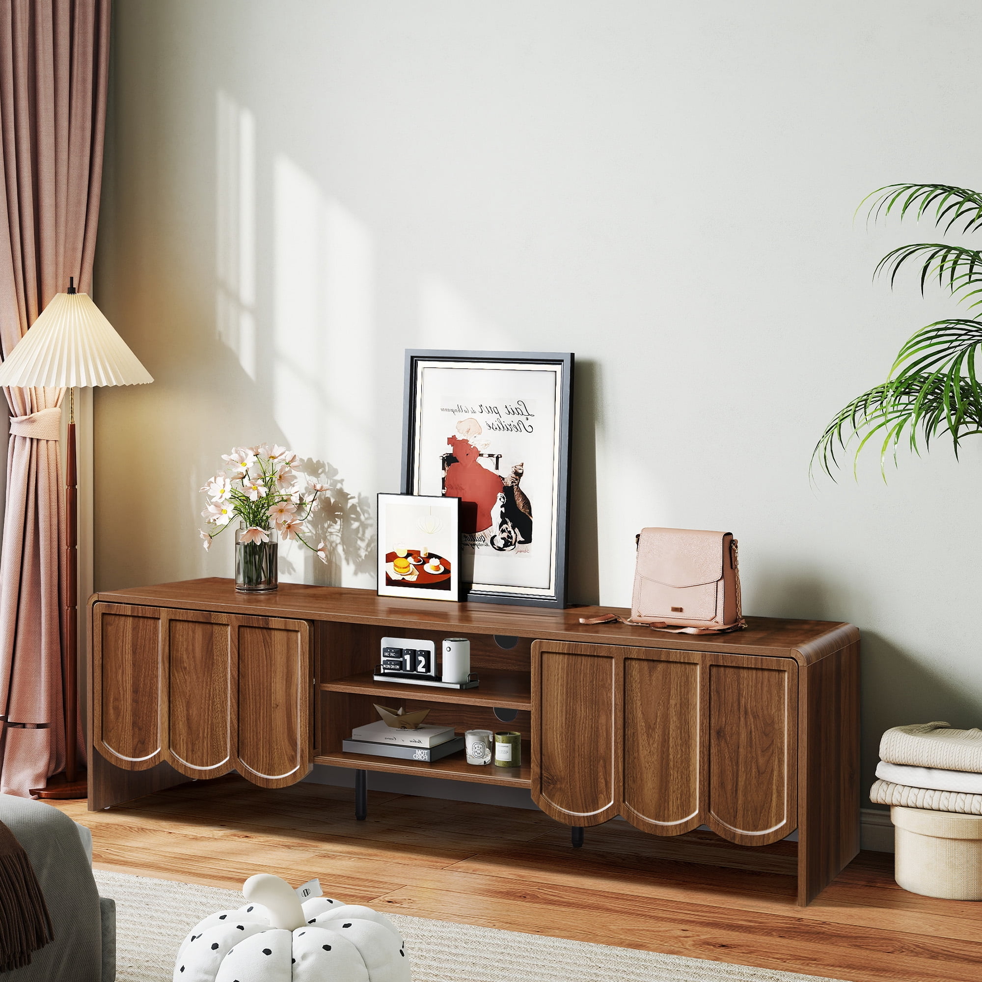 YOCWO TV Stands for 65 inch tv, TV Stand with Sliding Wave Doors, Wood Entertainment Center for TVs, Media Console Cabinet with Open Storage for Living Room, Walnut