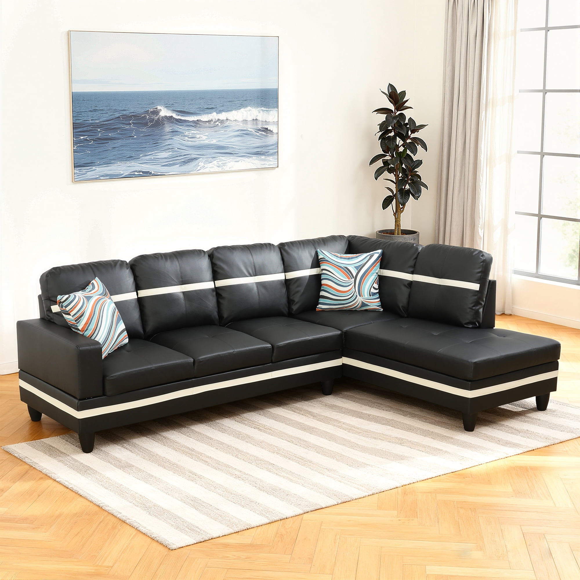 MAYEERTY 103.5" L-Shaped Sectional Sofa, Semi PU Synthetic Leather 2-Piece Modular Couch Sofa Set without Ottoman, Black (Right)