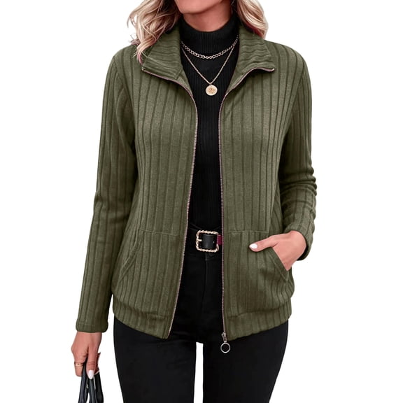 Sorvello Women's Full Zip Up Cardigan Sweater Lightweight Casual Long Sleeve Jackets with Pockets Army Green L