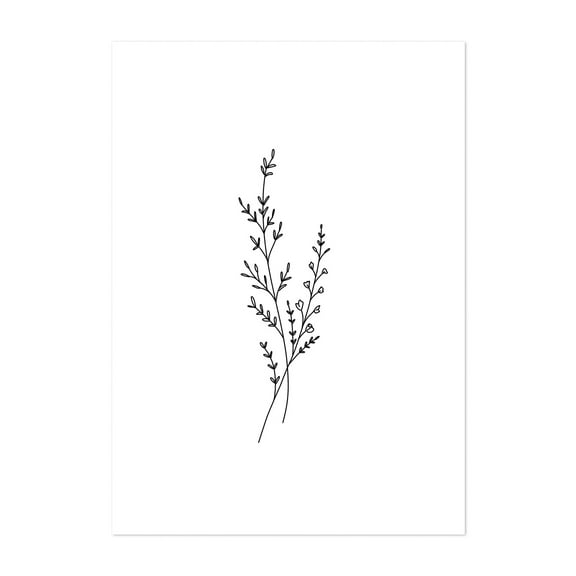 Wildflower Branch - Illustration Line Art Minimalist Black and White Botanical Floral Nature Abstract Unframed Wall Art Print 5 x 7 inches