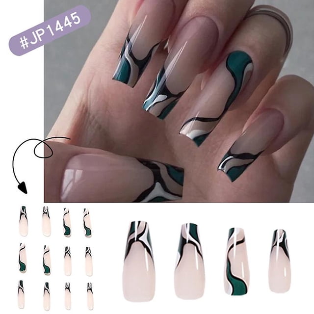 Uñas postizas HUOGUO, líneas blancas y negras, cabeza plana y larga x24