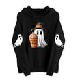 thumbnail image 5 of Women Drop Shoulder Spooky Season Hoodie Drawstring Kangaroo Pocket Fall Halloween Pullover Witch Hat Cute Ghost Pumpkin Spice Drink Bat Front Print Sweatshirt, 5 of 6