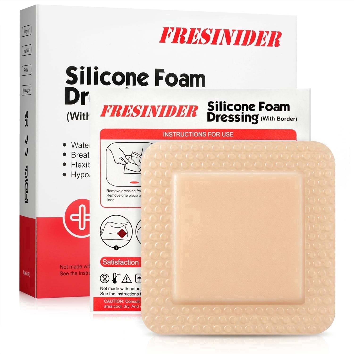 FRESINIDER Silicone Foam Dressing with Adhesive Border, 4 x 4 Inch, 10 Count