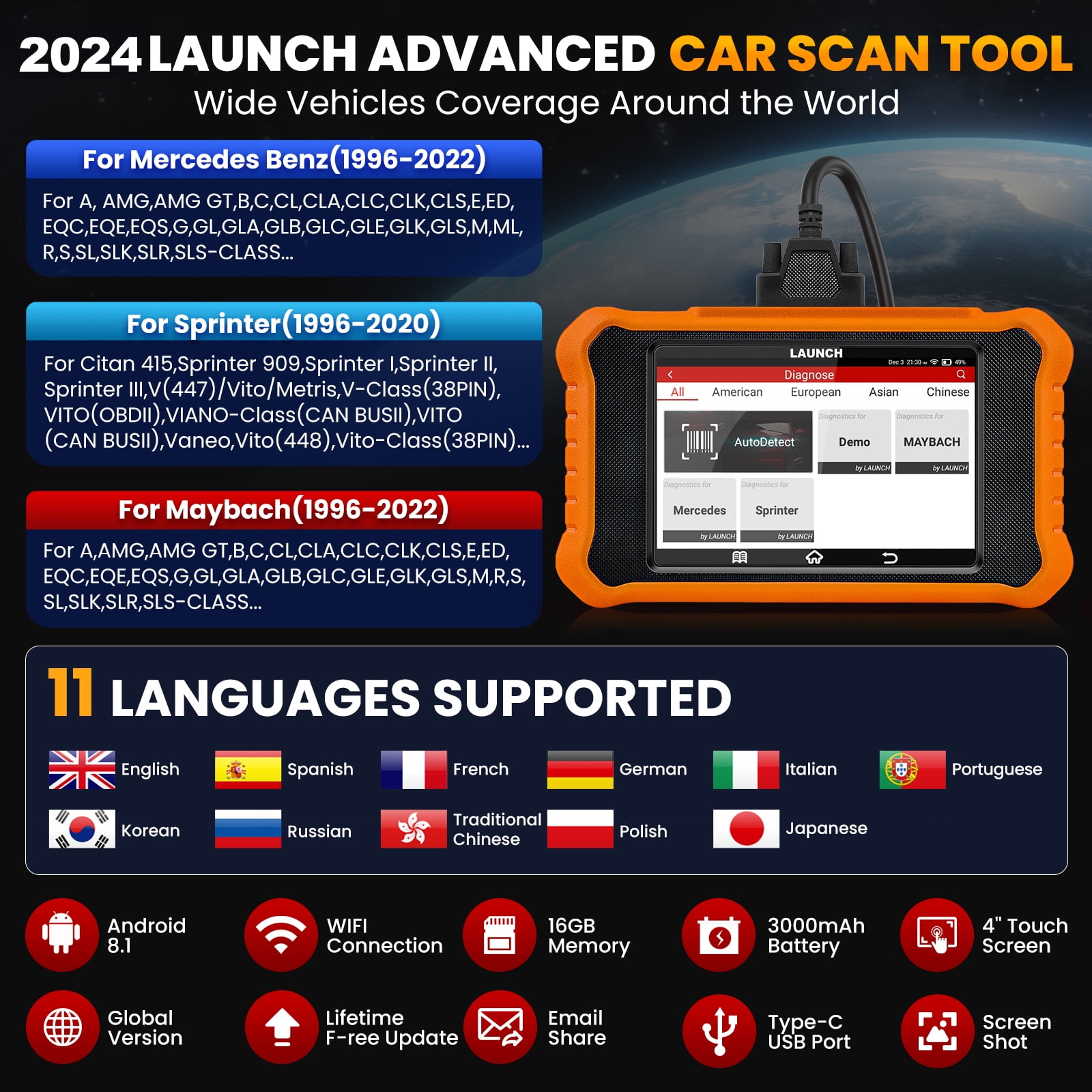 LAUNCH X431 Elite 2.0 Pro Bidirectional OBD2 Scanner Fit for Mercedes-Benz MB Sprinter Maybach,2024 Full System Diagnostic Scan Tool, All Reset Service,ECU Coding