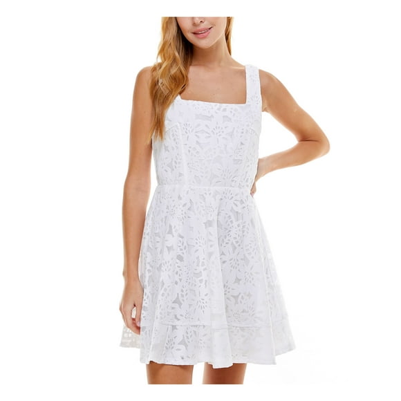 CRYSTAL DOLLS Womens White Lace Zippered Lined Floral Sleeveless Square Neck Mini Party Fit + Flare Dress Juniors S