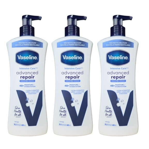 (3 Pack) Vaseline Intensive Care Body Lotion Advanced Repair Unscented for Women Dry Skin, 20.3 oz
