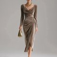 thumbnail image 3 of ClodeEU Women's Velvet Draped Neckline Long Sleeve Dress, Elegant Bodycon Ruched Party Dress Khaki,Womens Plus L, 3 of 7