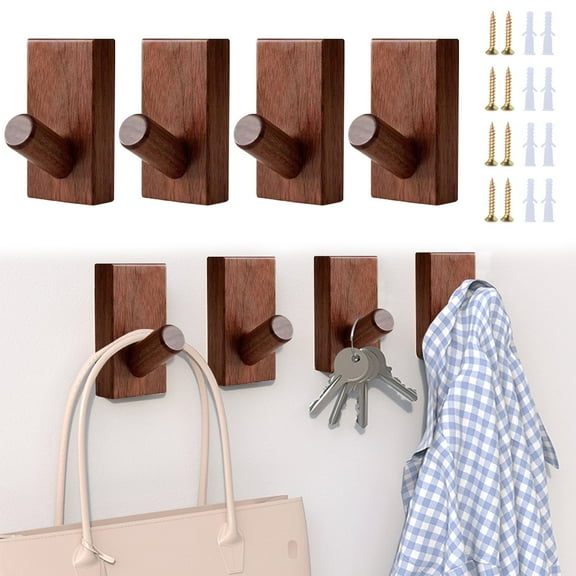 4 Pack Walnut Wood Wall Hooks, Adhesive & Drilling Mounted Decorative Wall Hooks, Single Organizer Hat Hanger Towel Rack for Blanket Towel Robe Key Clothes Backpack, Walnut