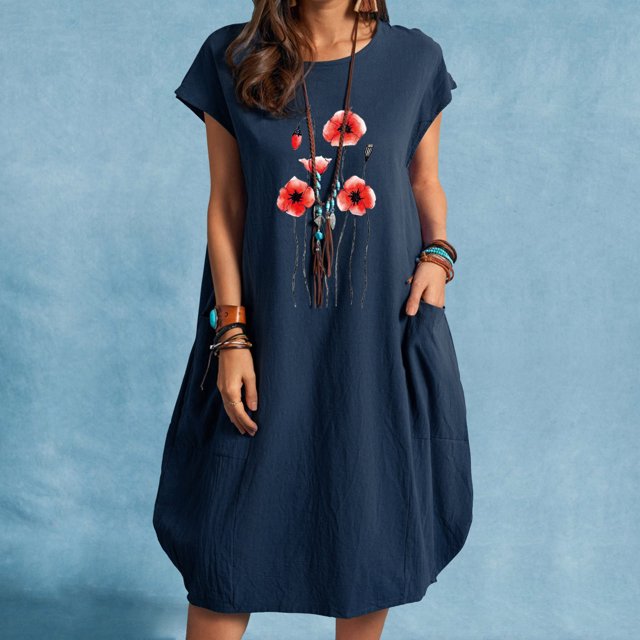 SMihono Robes d'Été Bohémiennes pour Femmes Grande Taille Couleur Unie Manches Courtes Col Rond Robe Imprimée avec Poches Robe Midi
