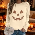 thumbnail image 2 of Trendfront Womens Halloween Pumpkin Face Sweatshirts Crewneck Long Sleeve Rhinestone Graphic Jack O Lantern Design Casual Fall Pullover Tops, 2 of 5