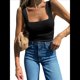 thumbnail image 3 of Camisetas Sin Mangas Acanaladas para Mujer, Verano 2025, Cuello Cuadrado, Informales, Ajustadas, de Punto. Negro XL, 3 of 7