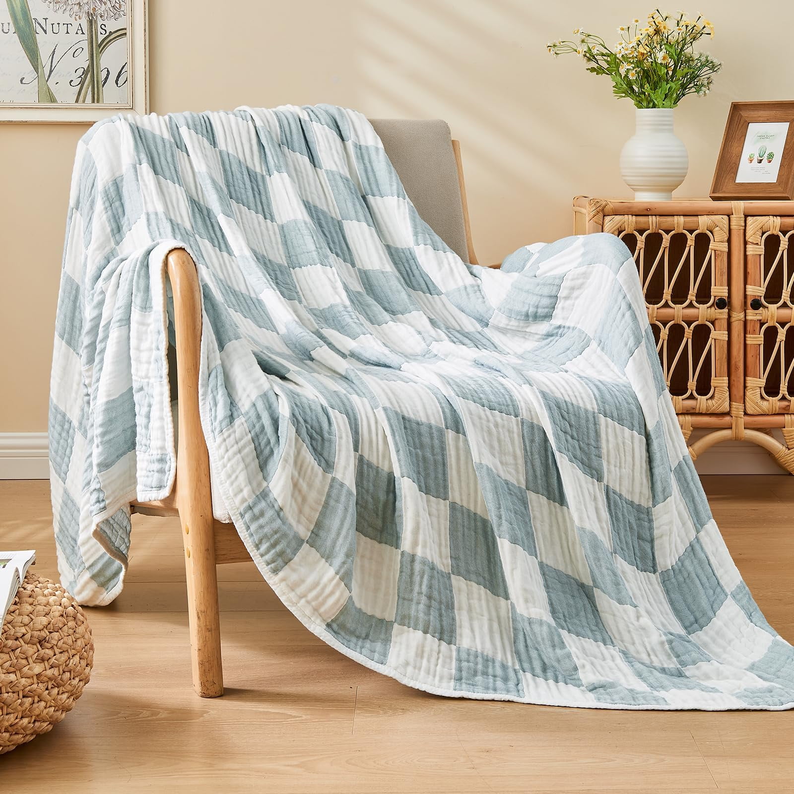EMME Checkered Blanket Cotton Queen Size for Bed Soft 6 Layer Muslin Bed Blankets 80"x90" Lightweight Breathable Blanket All Season Gauze Blanket, Checkeredboard Green