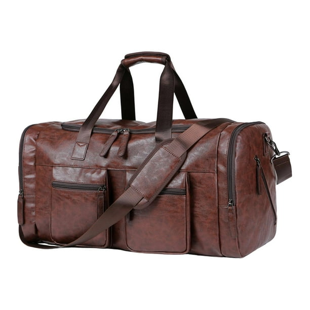 Bolsa de viaje tipo duffel, bolso de gimnasio, bolso de fin de semana de piel sintética, bolso para teléfono y ropa. Marrón oscuro