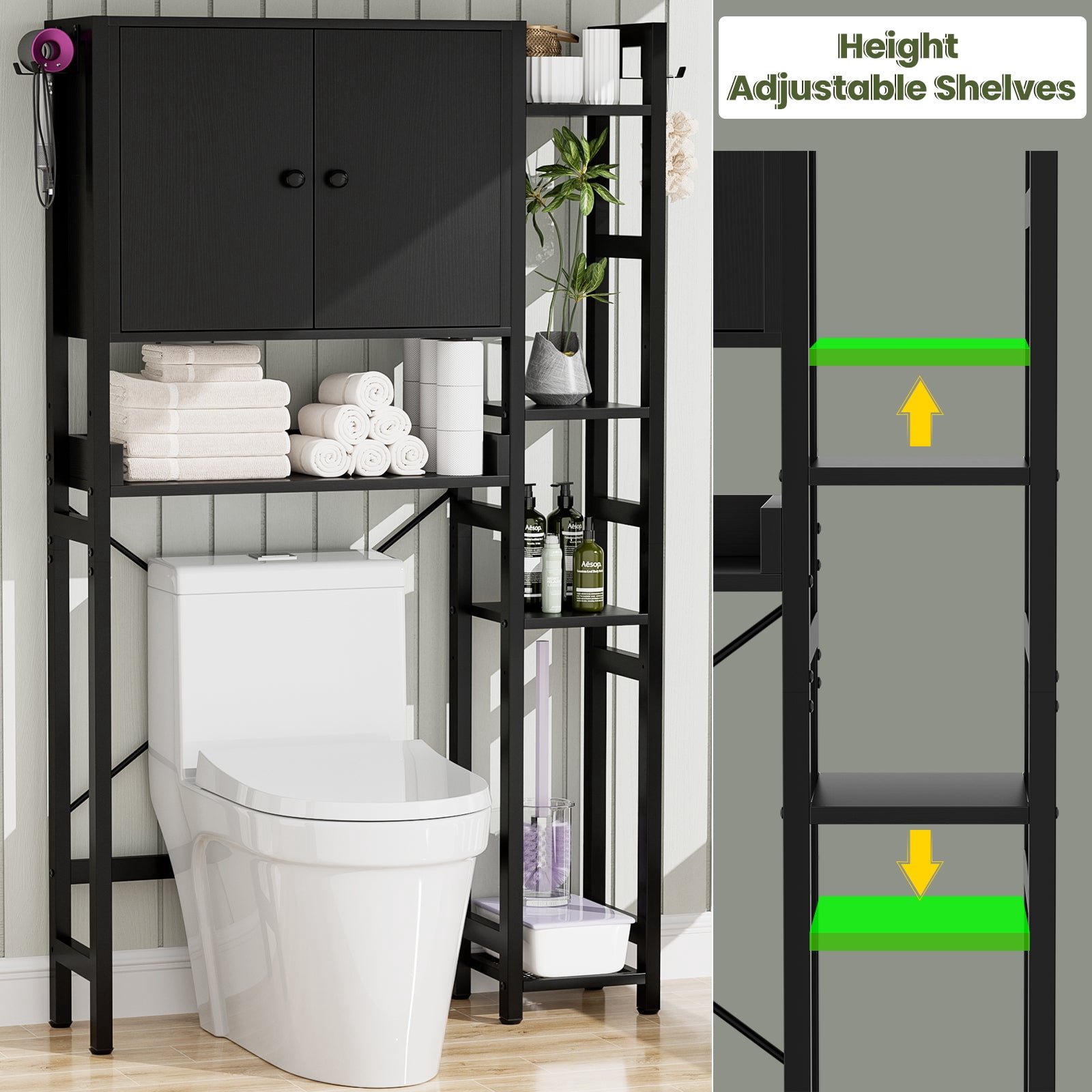 Over The Toilet Storage Cabinet with Doors, Homieasy 7 Tier Bathroom Organizer with Adjustable Shelf and 4 Hooks, Space Saving Rack for Bathroom, Restroom, Laundry