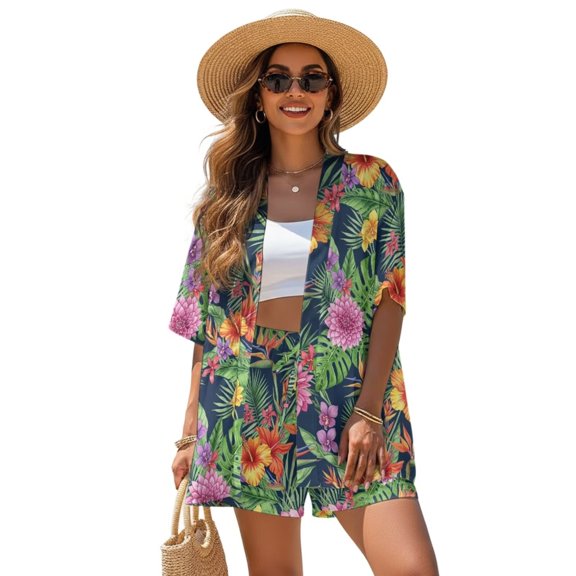 FKEKYI Tropical Leaf Hibiscus Flower Print Women's Short Set 2 Piece Summer Outfits Open Front Shirt Top & Shorts with Elastic Waist Beachwear Causal Lounge Set Resort Wear, M