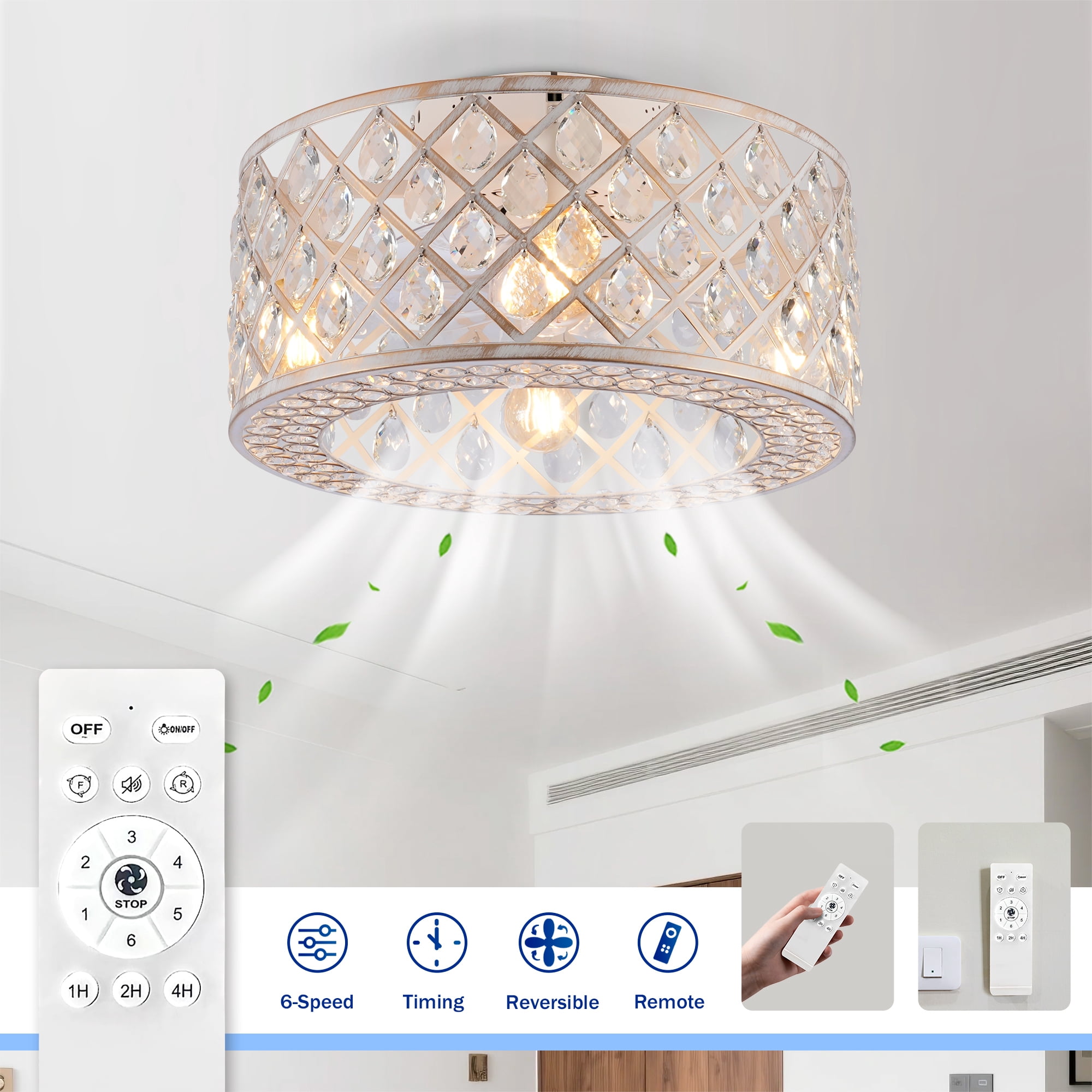 Leumius 19.6" Crystal Ceiling Fans with Light and Remote Control, Chandelier Fan 6 Speed DC Motor Reversible Ceiling Fan for Living Room Bedroom (NOT Included Bulbs)