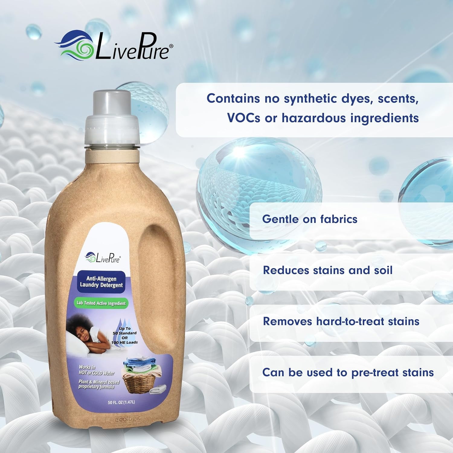 LivePure Anti-Allergen 50 OZ Laundry Detergent for Dust Mites, Pet Dander, Allergies.