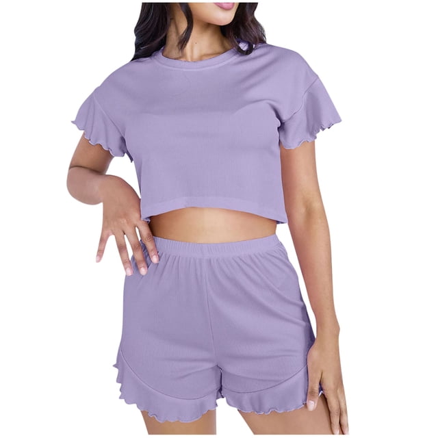 Ensembles de Pyjama pour Femmes 2 Pcs Manches Courtes Ensembles de Pyjama Col Rond Manches Courtes Hauts de Pyjama Courts Blouses Classiques Ultra Doux Texturés Shorts de Pyjama Extensibles Chemise de Nuit