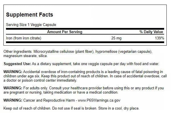 Swanson Iron Citrate 25 Milligrams 60 Veg Capsules (2 Pack)