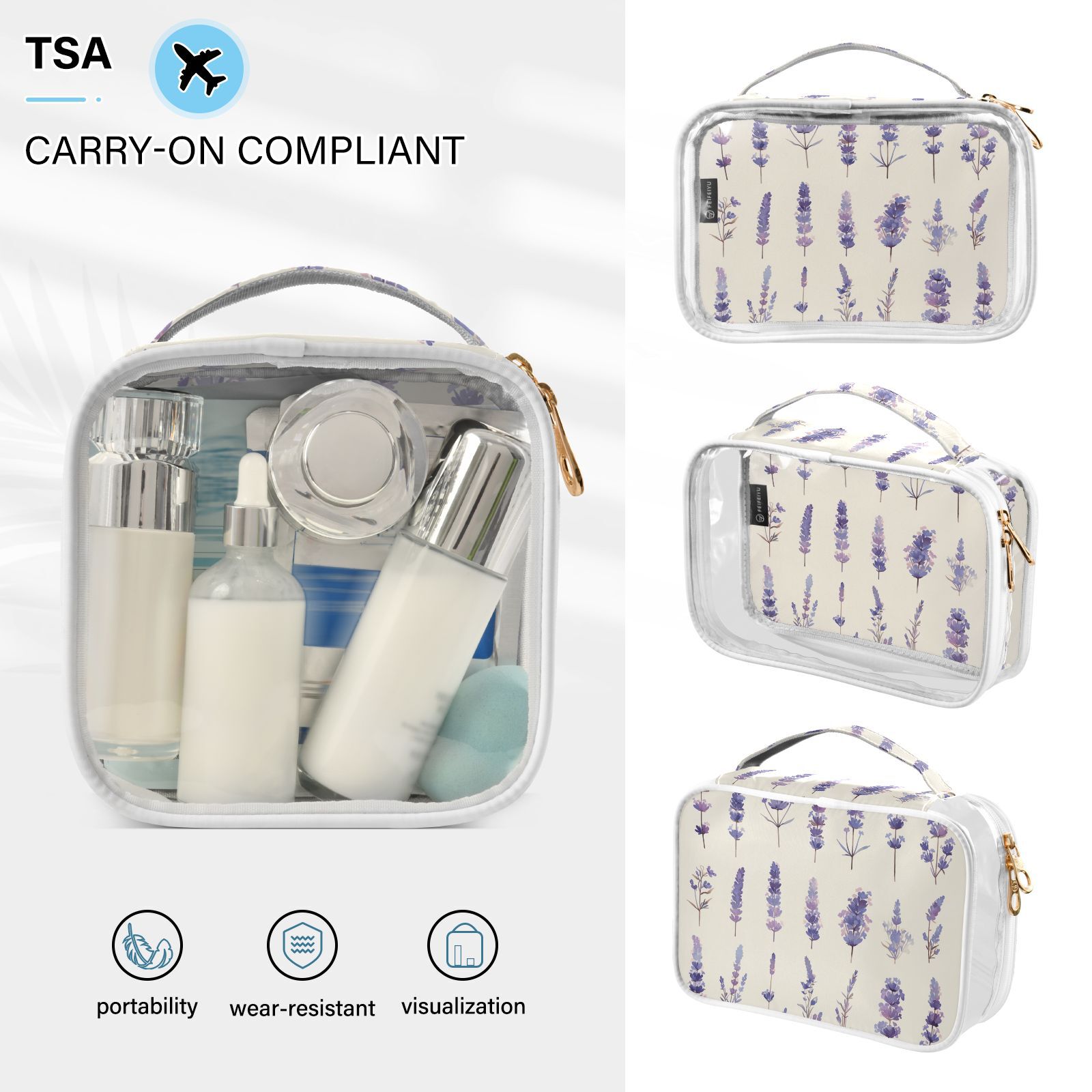 Clear Makeup Bags with Handle Large Opening 2 Pack Set Toiletry Bag Quart Size Bag, for Women Man Traveling Travel Essentials, Toiletries and Other. Lavender