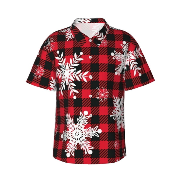 Balery Snowflakes On A Buffalo Plaid Camisas hawaianas de manga corta para hombre, camisas playeras de corte holgado, camisas de vacaciones con botones,Small