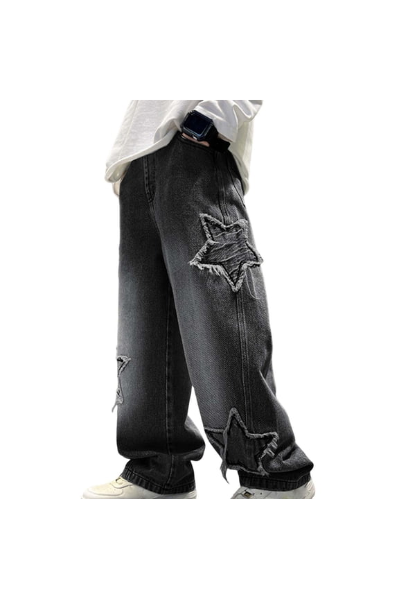 Boys Graphic Print Baggy Jeans High Waist Wide Leg Denim Pants for Street Fashion Black 12-13Years