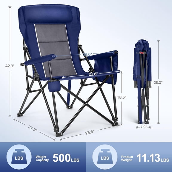 Oversized Camping Chairs 29.52" High Back Heavy Duty Lawn Chair Support 500LBS, Portable Collapsible Chair with Cup Holder, Side Pocket(Blue)