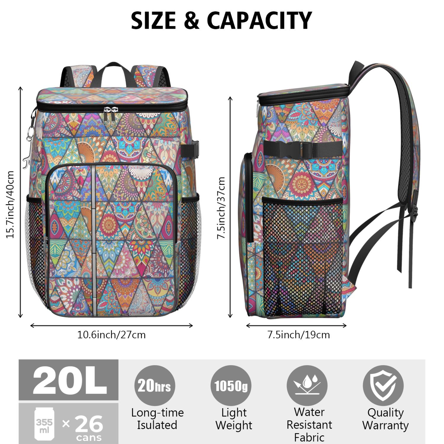 Travel Cooler Bag - Boho Bohemia Flower Camping Beer Cooler Backpack with Bottle Opener- Waterproof Insulated Picnic Backpacks - Cooler Bag for Beach