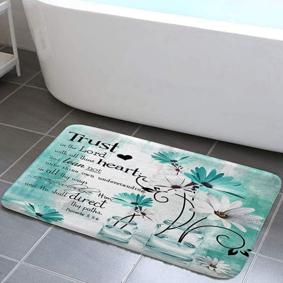 Rustic Teal Daisy Floral Farmhouse Farm Flowers Bath Rugs for Bathroom, Country Wooden Turquoise Vintage Antique Non Slip Flannel Bathroom Rug, Dry Fast Water Absorbent Bath Mats, 16x24Inch