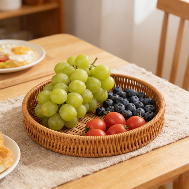 Plastic Imitation Rattan Woven Basket Washable Wear Resistant Round Smooth Edges Fruit Vegetable Storage Basket Snack Bread Tray For Kitchen Dining Room Living Room Pantry Home Storage