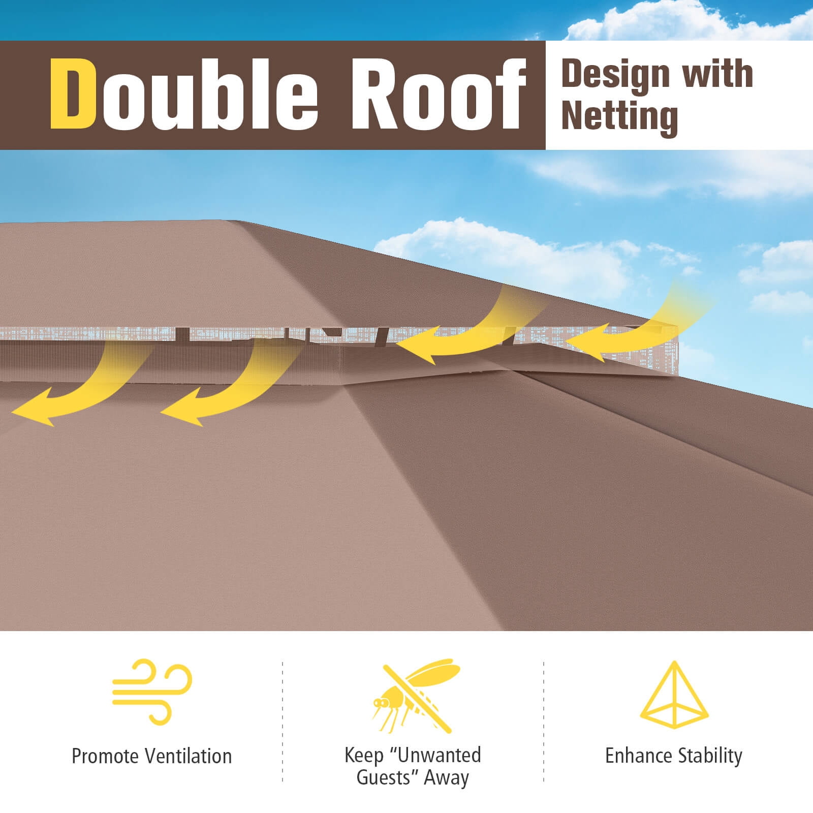 Costway 10 X 13 FT Patio Gazebo, Outdoor Double-Roof Canopy Tent with Mesh Netting Coffee