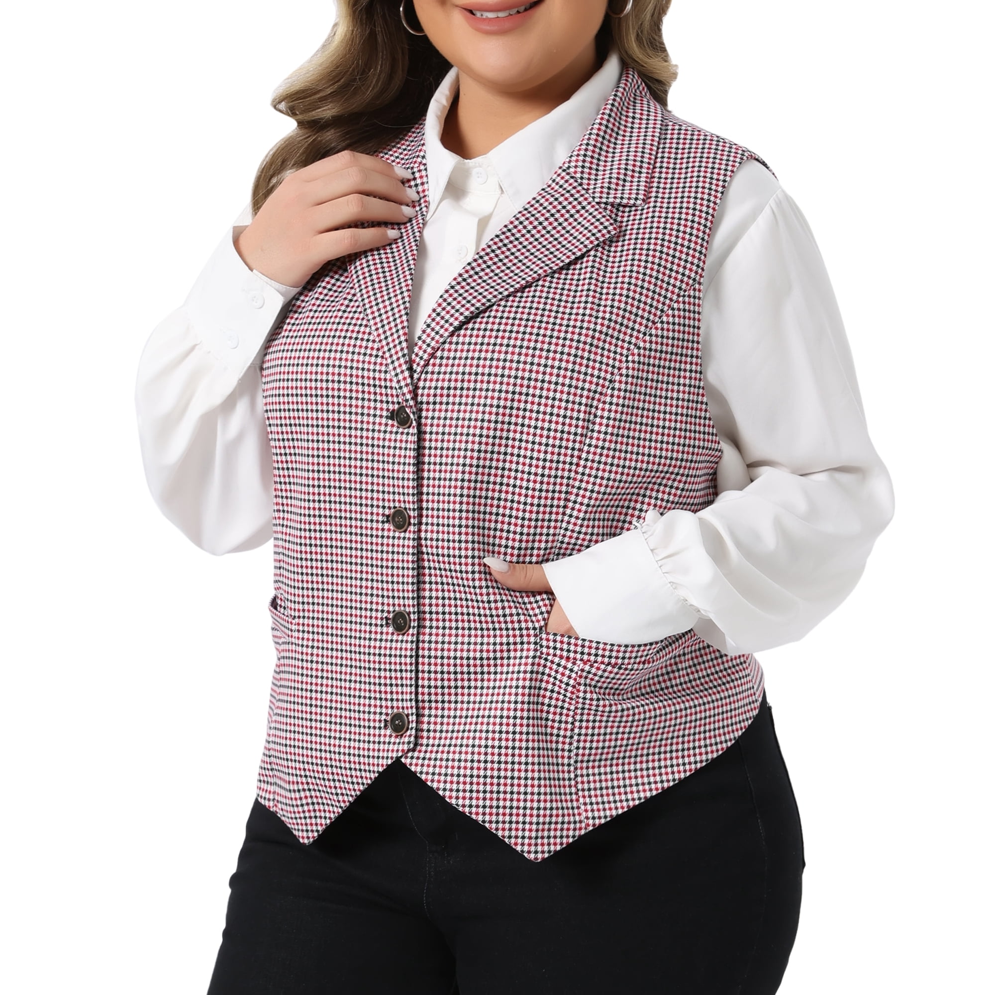 DARING DIVA Women's Plus Size Plaid Waistcoat Sleeveless Button Blazer 3X Red