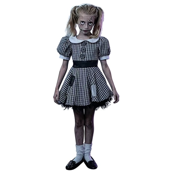 Coerni Girls Scary Rag Doll Dress Puff Sleeve Broken Patchwork Plaid Dress Kids Halloween Role Play Wear School Events Festive Stage