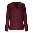 thumbnail image 4 of WREESH Womens Fashion T-Shirts V Neck Solid Color Pullover Regular Fit Button Henley Long Sleeve Tops Button Casual T-Shirt Top Blouse Wine, 4 of 6