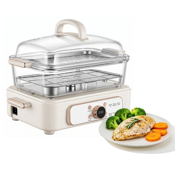 KFFKFF Electric Food Steamer 6.3 QT Glass with Dual Stainless Steel Trays, 1200W Steamer for Cooking, 1-3 Servings, Preset Functions, Delay Start, Suitable for Vegetables, Seafood, and Rice, White