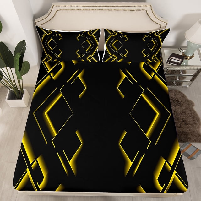 Erosebridal Abstract Fitted Sheet Twin for Teens, Gradient Rectangle Bedding Set Twin Size, Modern Checkered Decor(No Top Sheet)