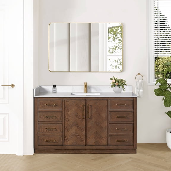 Jakarta 60" Bath Vanity in Aged Dark Brown Oak with Silk White Quartz Stone  Top
