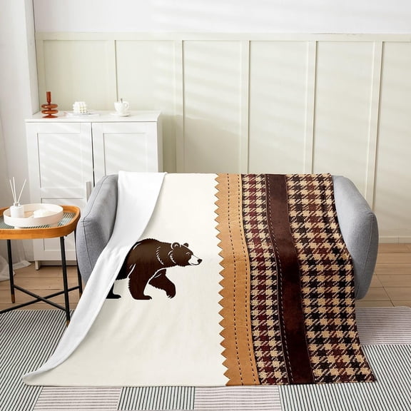 Plush Throw Blanket with Bear and Houndstooth Pattern Soft Fuzzy Fleece Blanket for Couch and Bed