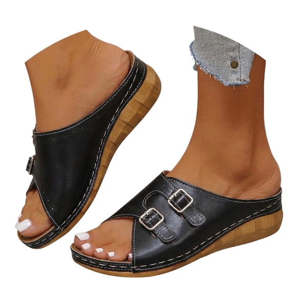 Vintage Gray Wedge Sandals for Women - Adjustable Buckle Open toe Slippers, Soft Non-Slip Platform Shoes for Summer