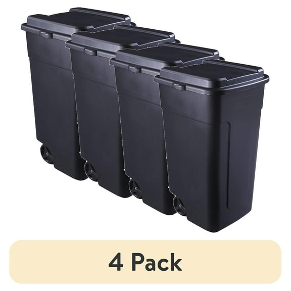 (4 pack) Rubbermaid 50 Gallon Roughneck Wheeled Trash Can with Snap-Fit Lid, Black